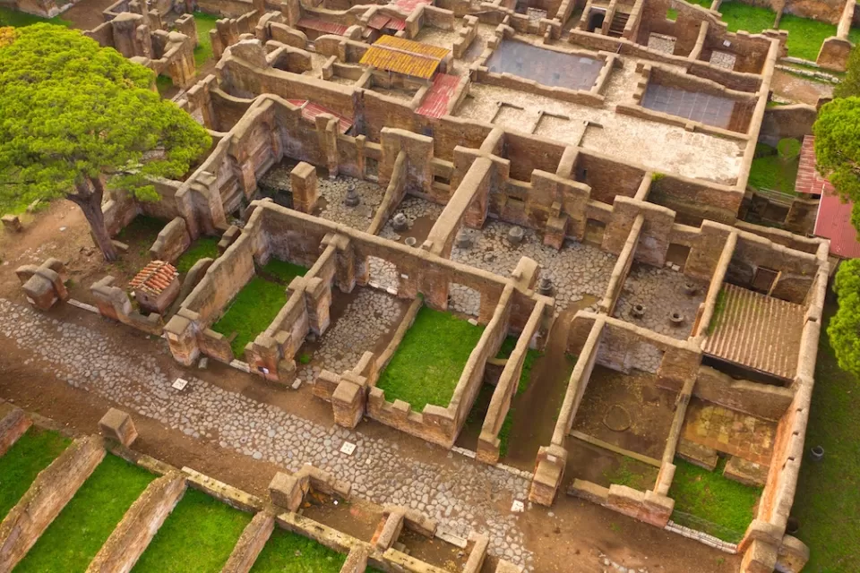 Aerial view of insula ruins in Ostia, near Rome, Italy.